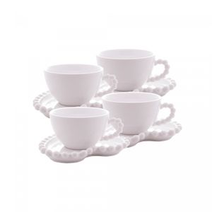 Conjunto 4 Xícaras de Chá de Porcelana com Pires Coração Beads Branco 210ml - Wolff