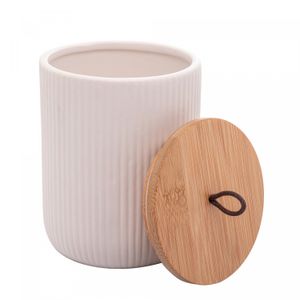Potiche de Cerâmica com Tampa de Bambu e Pegador de Corda Lines Branco 10cm x 10cm x 12,5cm - Lyor