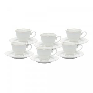 Conjunto 6 Xícaras de Chá de Porcelana com Pires Maldivas Branco com Fio de Ouro 180ml - Wolff